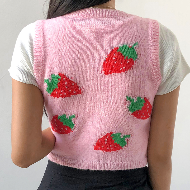 Cute Pink Strawberry V Neck Sleeveless Knit Crop Top Sweater Sweatshirt Pullover Jumper E-Girl Kawaii Korean Japanese Harajuku Streetwear