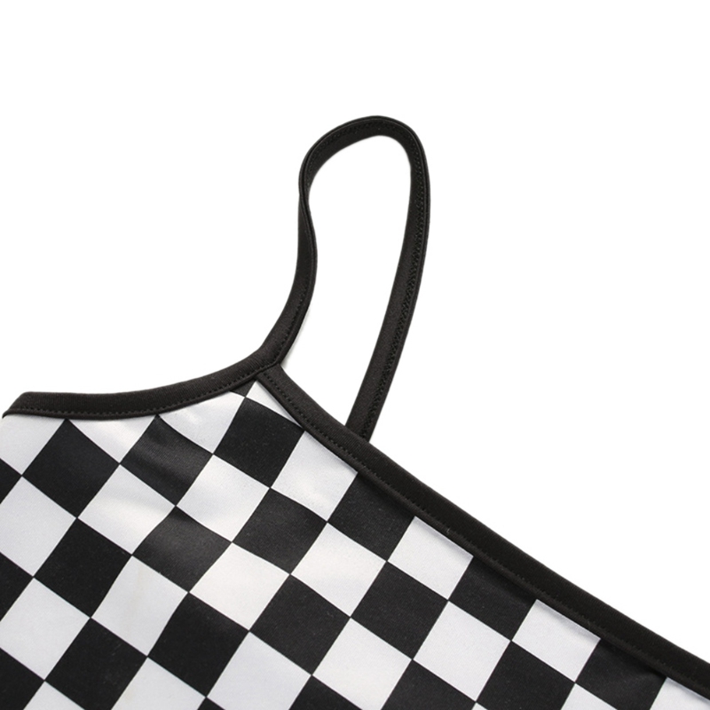 Cute Sexy Black White Checkered Plaid Tank Cami Crop Top Shirt Tee T-shirt E-Girl Kawaii Korean Japanese Harajuku Chinese Retro Streetwear Aesthetic