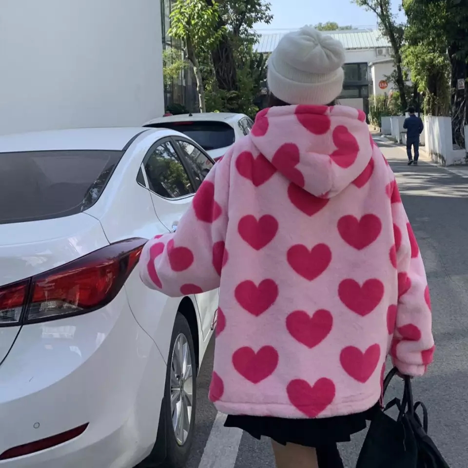 Cute 90s Heart Print Plush Long Sleeve Jacket Hoodie Sweater Coat Aesthetic Casual E-Girl Kawaii Korean Japanese Harajuku
