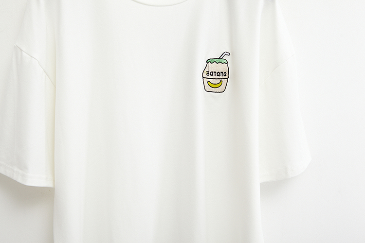 Cute Summer Banana Milk Drink Embroidery Yellow White Casual Short Sleeve Tee Shirt T-shirt Top E-Girl Kawaii Korean Japanese Harajuku Streetwear