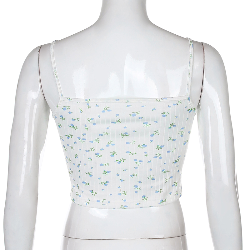 Cute Floral Print Lace Spaghetti Strap Camisole Crop Top Shirt Tee T-shirt E-Girl Kawaii Korean Japanese Harajuku Chinese Retro Streetwear Aesthetic