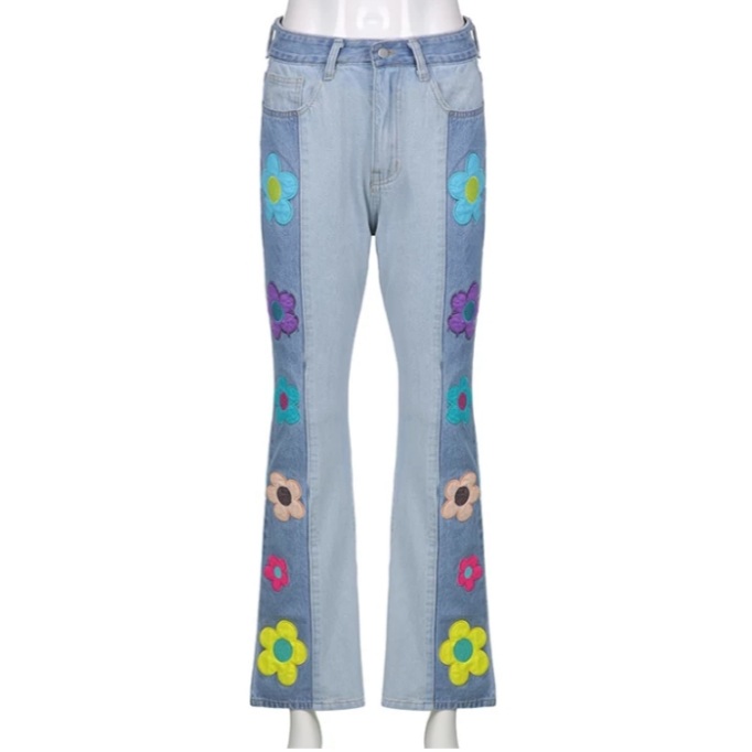 Cute Vintage Flower Patchwork High Waisted Denim Jean Trouser Pants Indie Punk Aesthetic Casual Summer E-Girl Kawaii Korean Japanese Harajuku