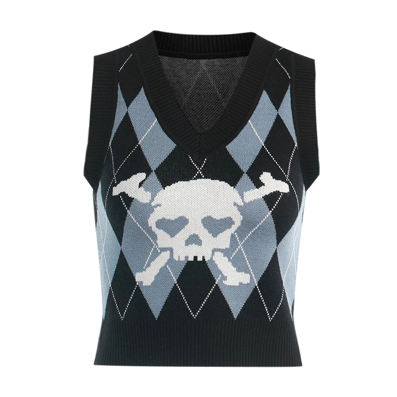 Cute Sexy V Neck Skull Print Knit Vest Sleeveless Crop Top Punk Goth Aesthetic Casual Summer E-Girl Kawaii Korean Japanese Harajuku