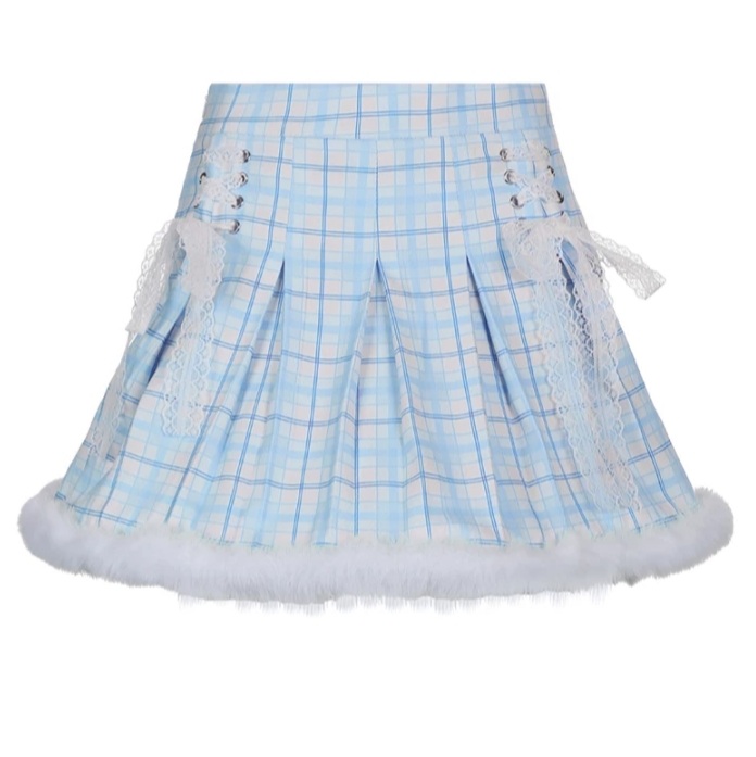 Cute Pink Plaid Feather Lace Up Pleated High Waist A-line Mini Skirt Summer Aesthetic Casual E-Girl Kawaii Korean Japanese Harajuku