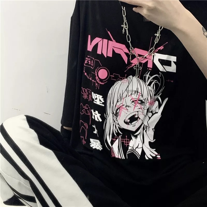 Cute Japanese Girl Punk Goth Print Graphic Casual Short Sleeve Shirt Tee T-shirt E-Girl Kawaii Korean Japanese Harajuku Retro Streetwear Aesthetic