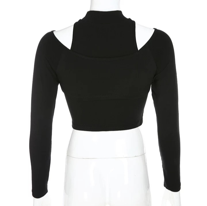 Cute Black Buckle Hollow Out Turtleneck Crop Top Long Sleeve Shirt Punk Goth Summer Aesthetic Casual E-Girl Kawaii Korean Japanese Harajuku