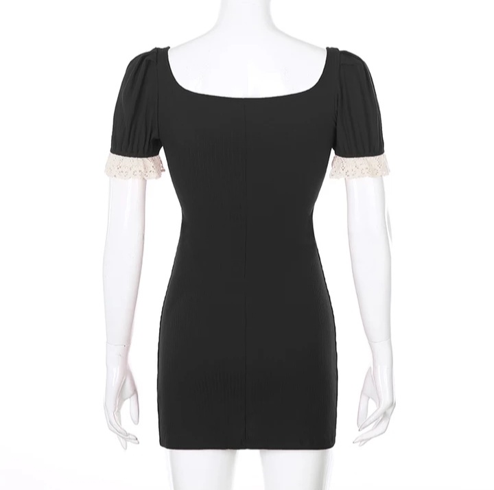 Cute Summer Square Neck Lace Patchwork Elegant Bodycon Short Sleeve Mini Dress Aesthetic Casual E-Girl Kawaii Korean Japanese Harajuku