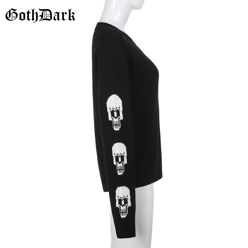 Black Skull Knit Sweater Sweatshirt Crewneck Long Sleeve Pullover Goth Punk Autumn Fall E-Girl Kawaii Korean Japanese Harajuku Streetwear