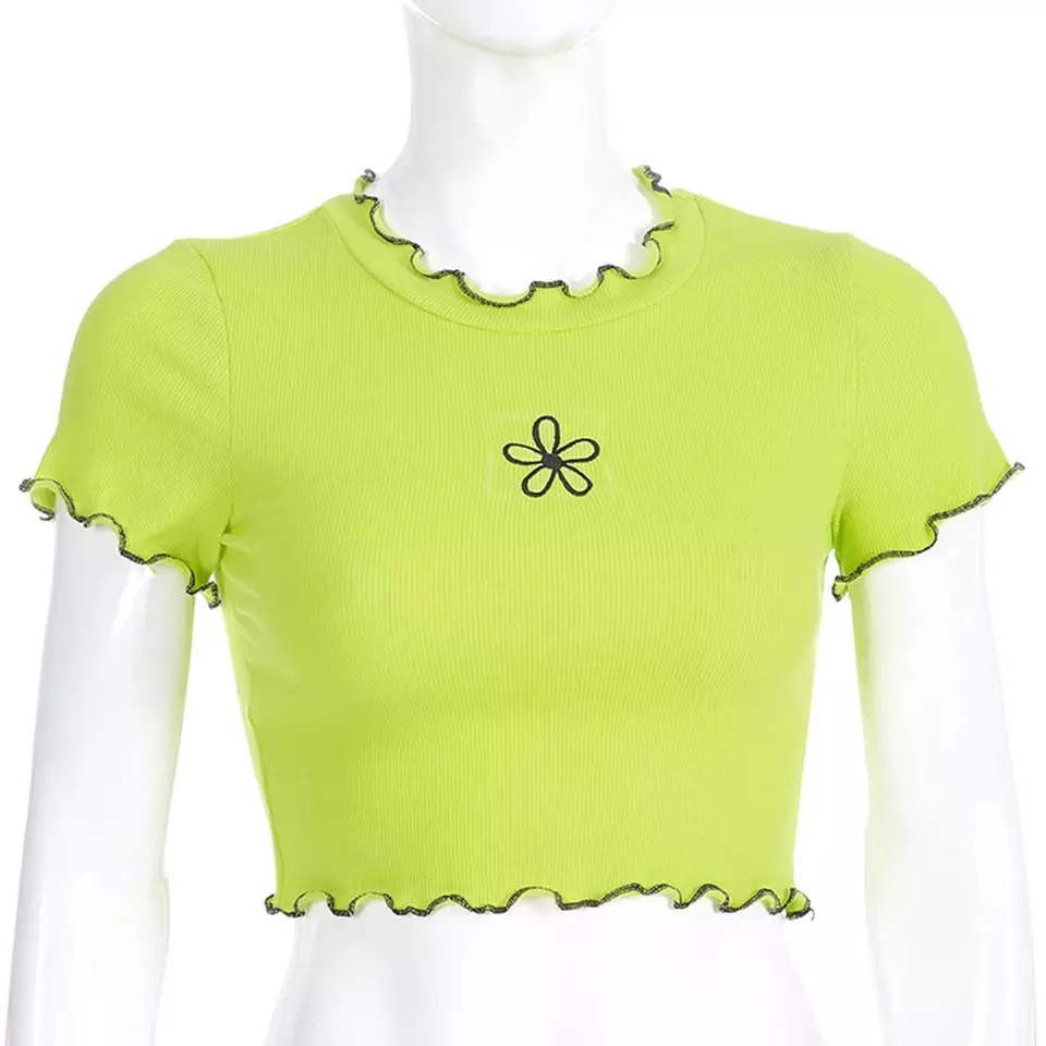 Cute Neon Green Flower Embroidery Casual Summer Crop Top Short Sleeve Tee Shirt T-Shirt E-Girl Kawaii Korean Japanese Harajuku Streetwear