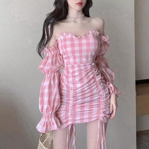 Cute Pink Gingham Plaid Off Shoulder Long Sleeve Drawstring Bodycon Dress Aesthetic Casual Summer E-Girl Kawaii Korean Japanese Harajuku