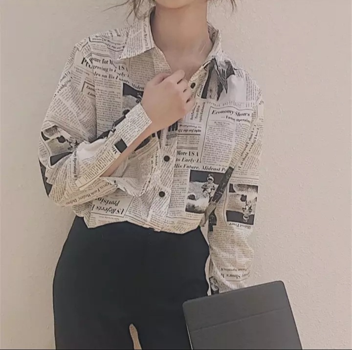 Cute Vintage Newspaper Letter Print Button Up Long Sleeve Shirt Blouse Top Aesthetic Casual E-Girl Kawaii Korean Japanese Harajuku