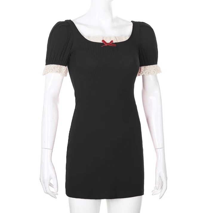Cute Summer Square Neck Lace Patchwork Elegant Bodycon Short Sleeve Mini Dress Aesthetic Casual E-Girl Kawaii Korean Japanese Harajuku