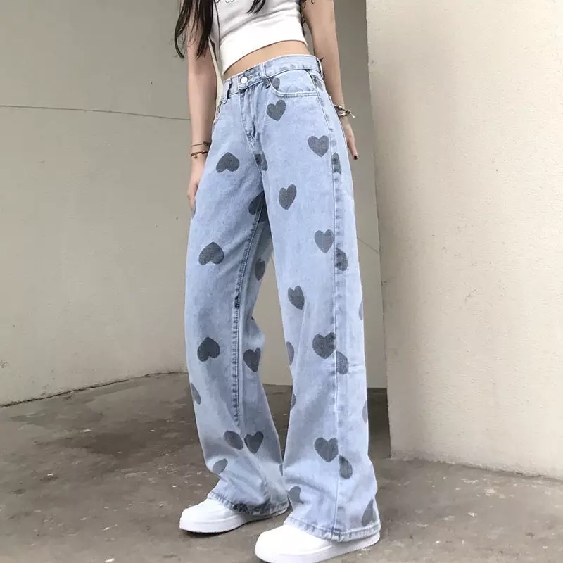 Cute Heart Denim Blue Loose High Waisted Straight Leg Flare Jeans Pants Aesthetic Casual Summer E-Girl Kawaii Korean Japanese Harajuku