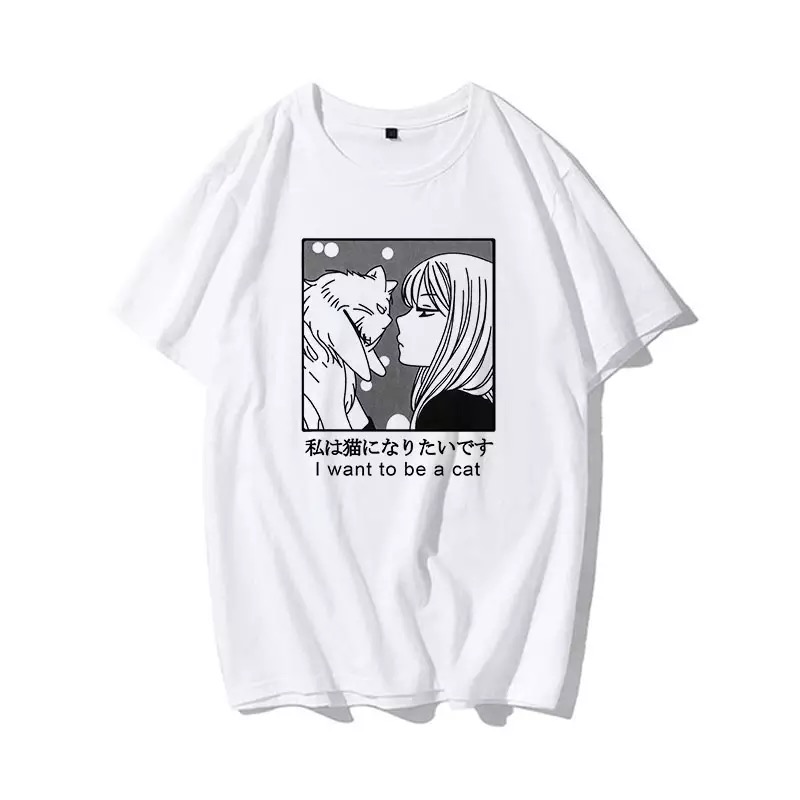 Cute Vintage Sweet Funny Cat Anime Girl Print Loose Short Sleeve Short T-shirt Tee Top Summer Casual E-Girl Kawaii Korean Japanese Harajuku Streetwear