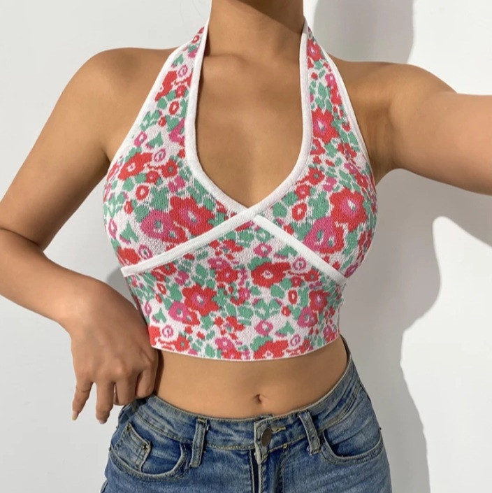Cute Sexy Floral Halter Patchwork Knit Tank Crop Top Vintage Beach Aesthetic Casual Summer E-Girl Kawaii Korean Japanese Harajuku Stree