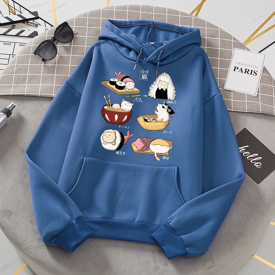 Cute Cat Sushi Cartoon Print Oversized Hoodie Fleece Sweatshirt Pullover Aesthetic Casual E-Girl Kawaii Korean Japanese Harajuku