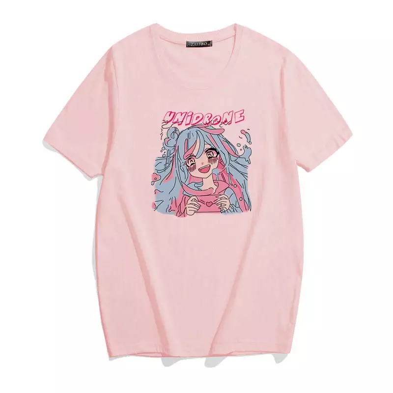 Cute Sweet Vintage Pastel Pink Anime Girl Cartoon Print Short Sleeve Shirt Loose T-shirt Top E-Girl Kawaii Korean Japanese Harajuku Streetwear