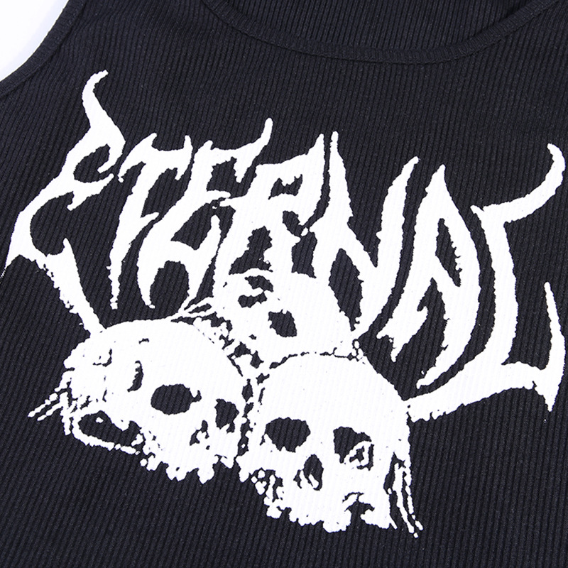 Black Skull Print Knit Ruffle Tank Top Cropped Sleeveless Shirt Causal Goth Punk Causal Summer E-Girl Kawaii Korean Japanese Harajuku Streetwear