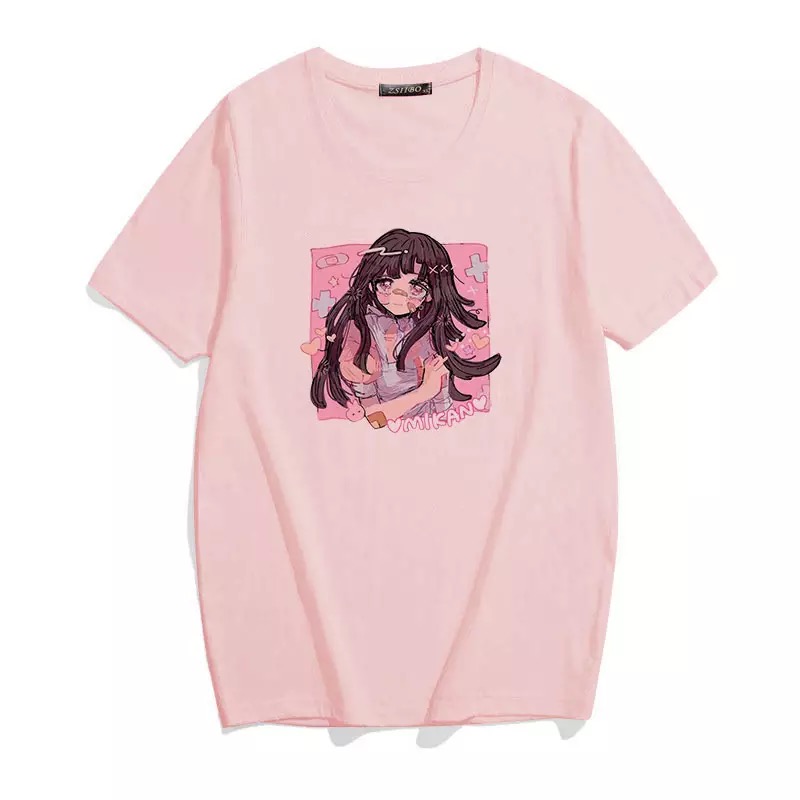 Cute Sweet Vintage Black Anime Girl Cartoon Print Short Sleeve Shirt Oversize Loose T-shirt Top Goth E-Girl Kawaii Korean Japanese Harajuku Streetwear