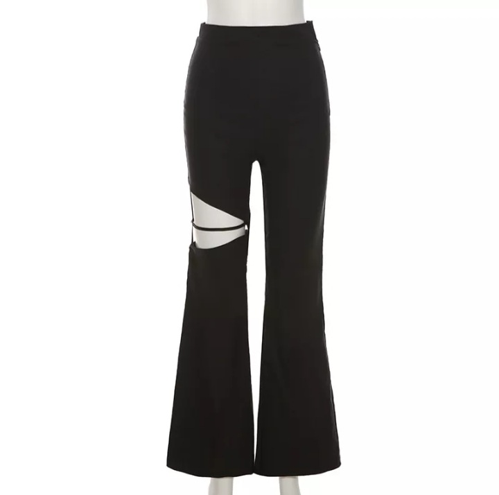 Cute Sexy Black High Waist Flare Trousers Cut Out Hollow Pants Summer Aesthetic Casual E-Girl Kawaii Korean Japanese Harajuku