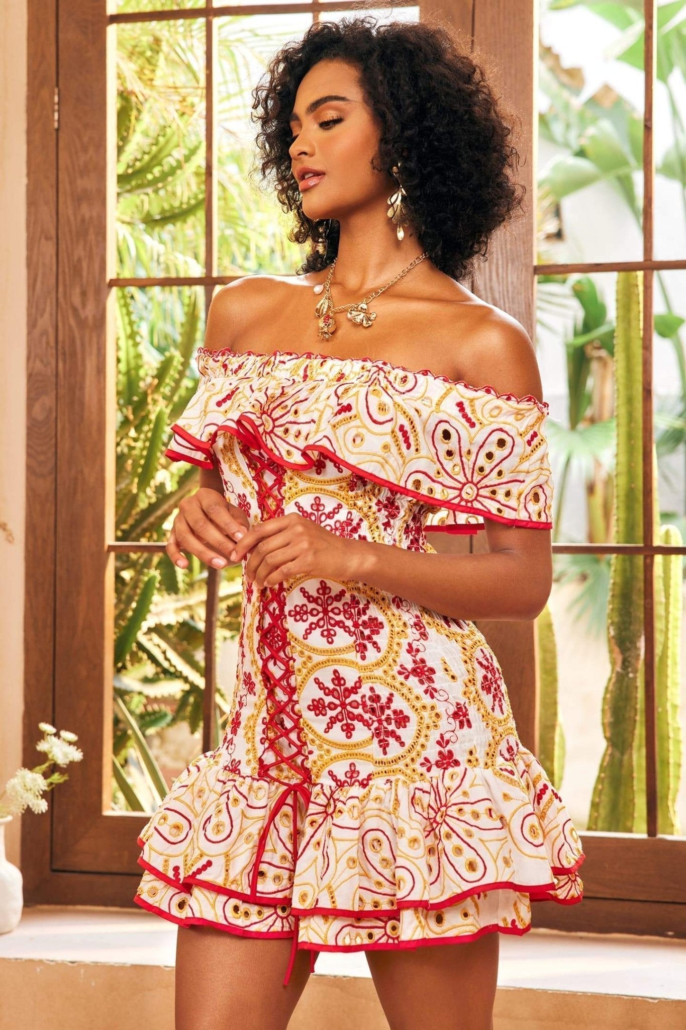 Off-Shoulder Floral Embroidered Lace-Up Eyelet Ruffle Trim Mini Dress