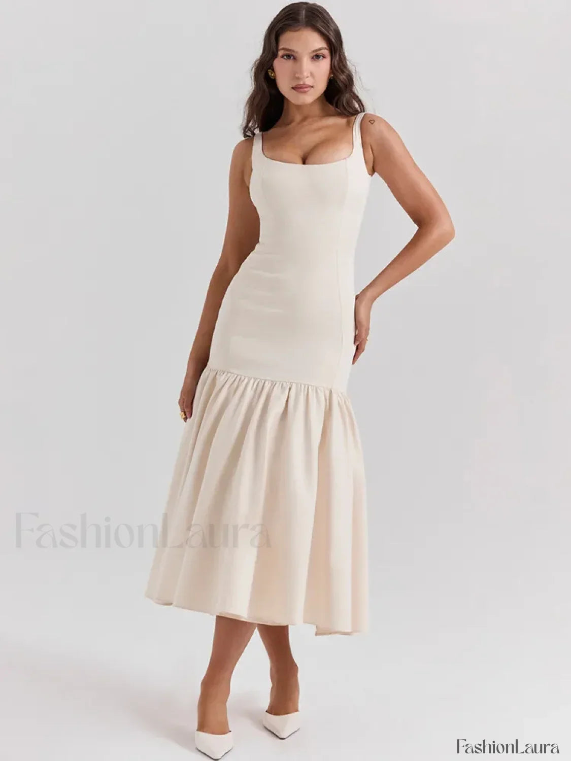 Fishtail Square-collar Midi Dress