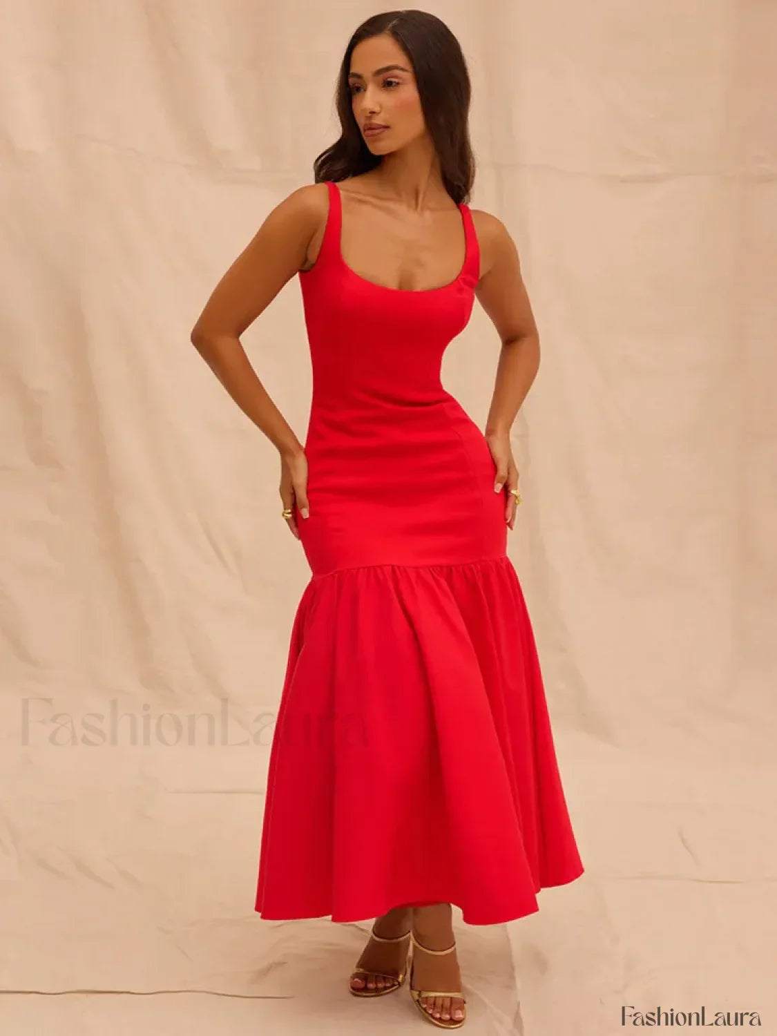 Fishtail Square-collar Midi Dress