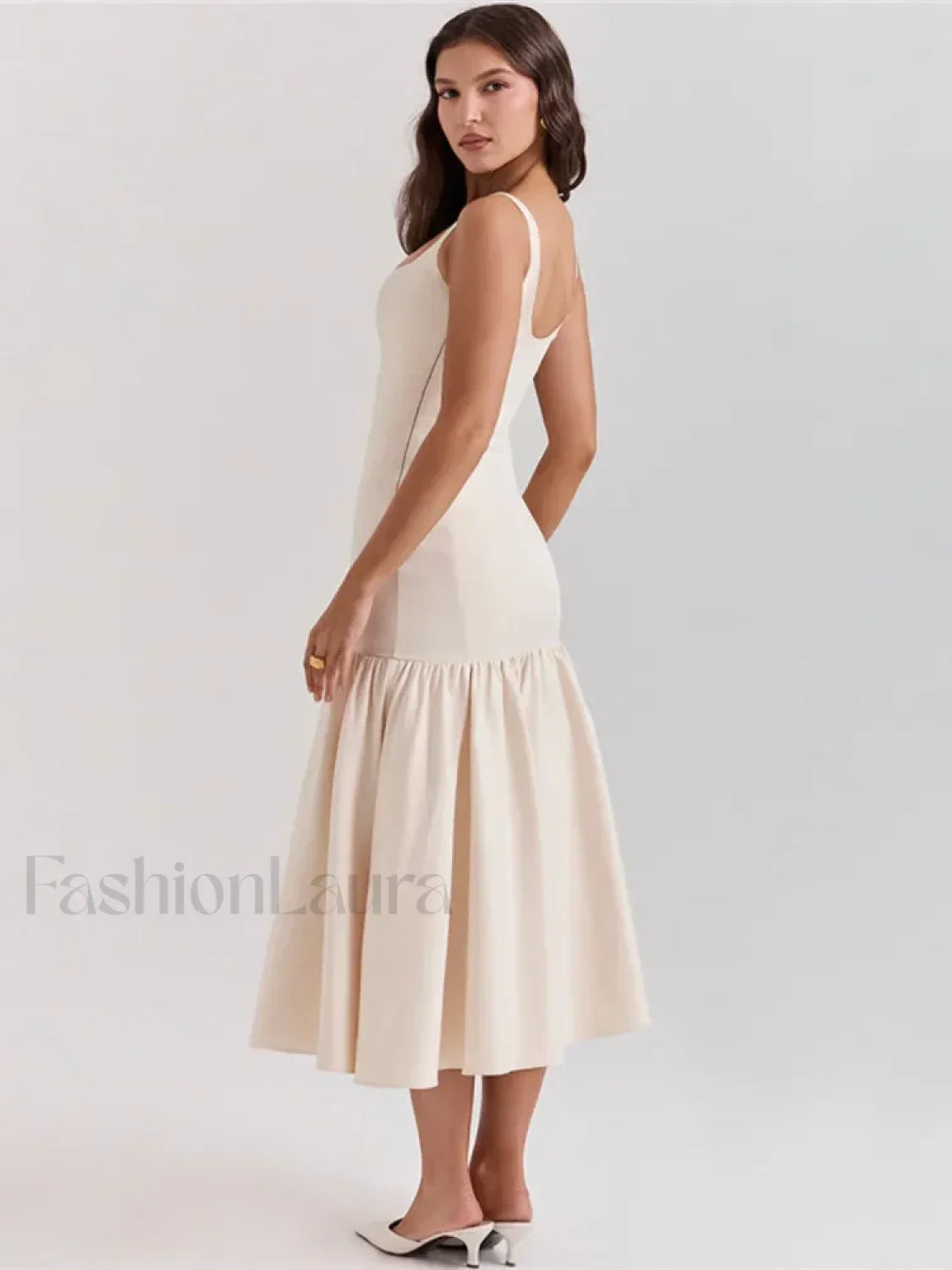 Fishtail Square-collar Midi Dress