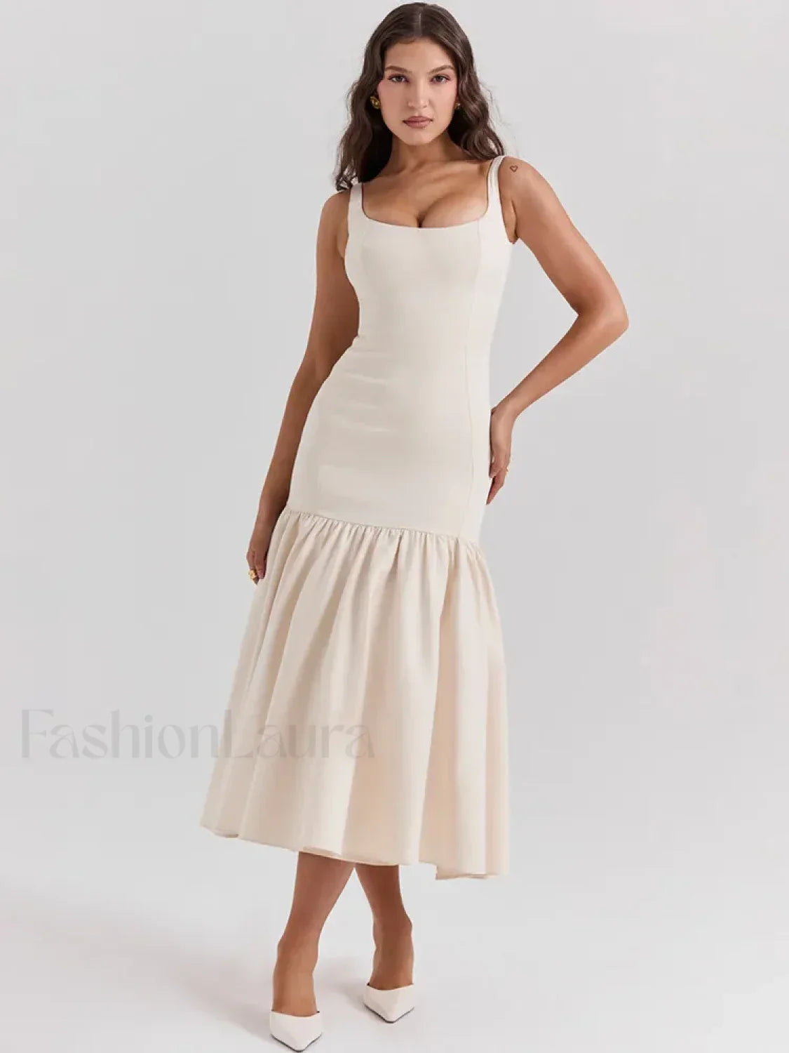 Fishtail Square-collar Midi Dress
