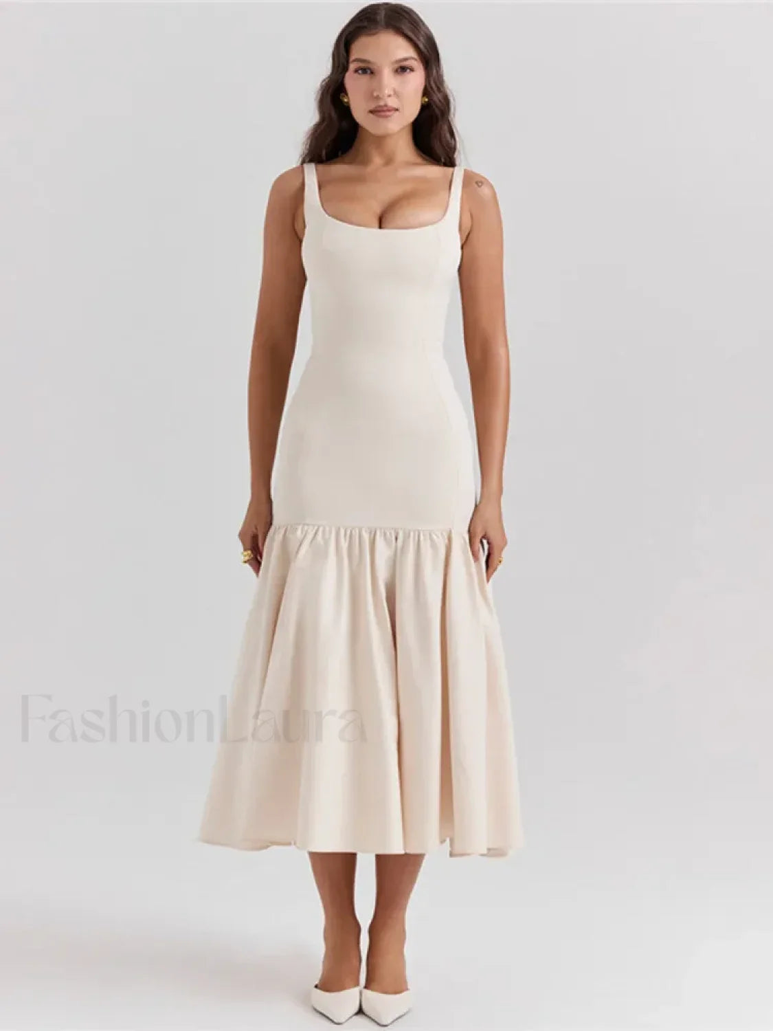 Fishtail Square-collar Midi Dress