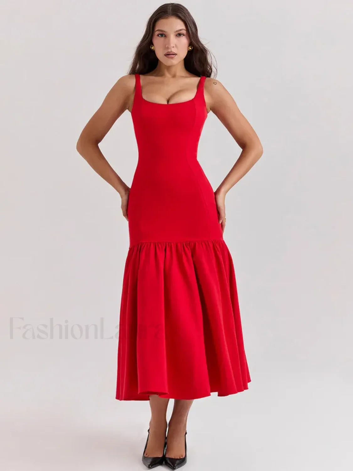 Fishtail Square-collar Midi Dress