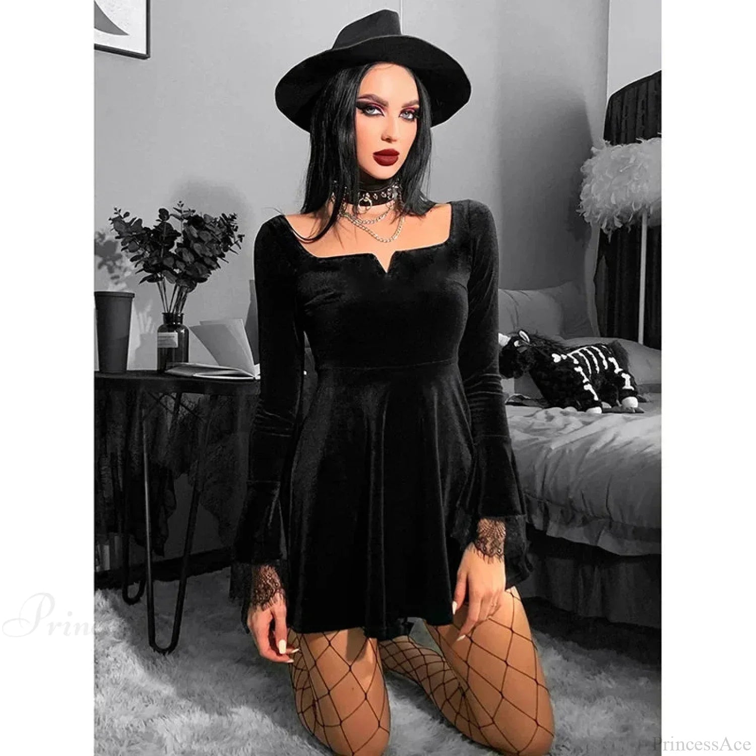 Square Neck Lace Cuff Long Bell Sleeve Velvet Fit and Flare Mini Dress