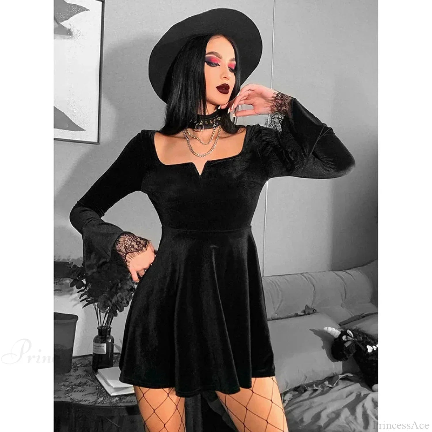 Square Neck Lace Cuff Long Bell Sleeve Velvet Fit and Flare Mini Dress