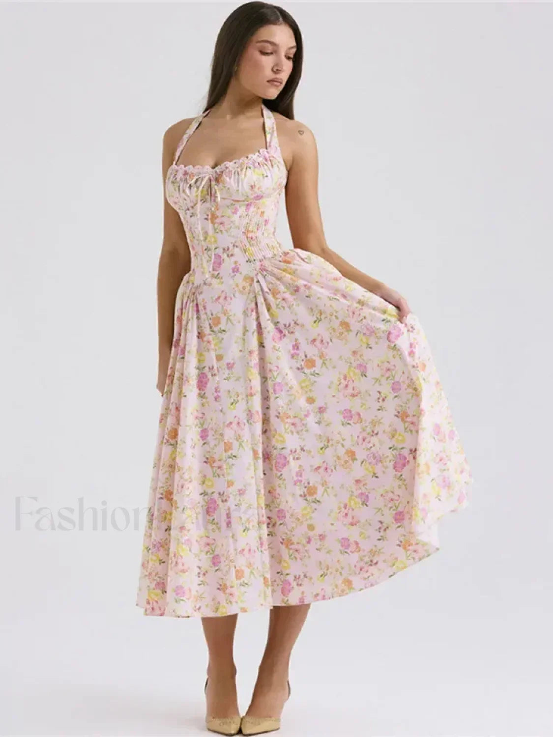 Pink Floral Halter Backless Midi Dress