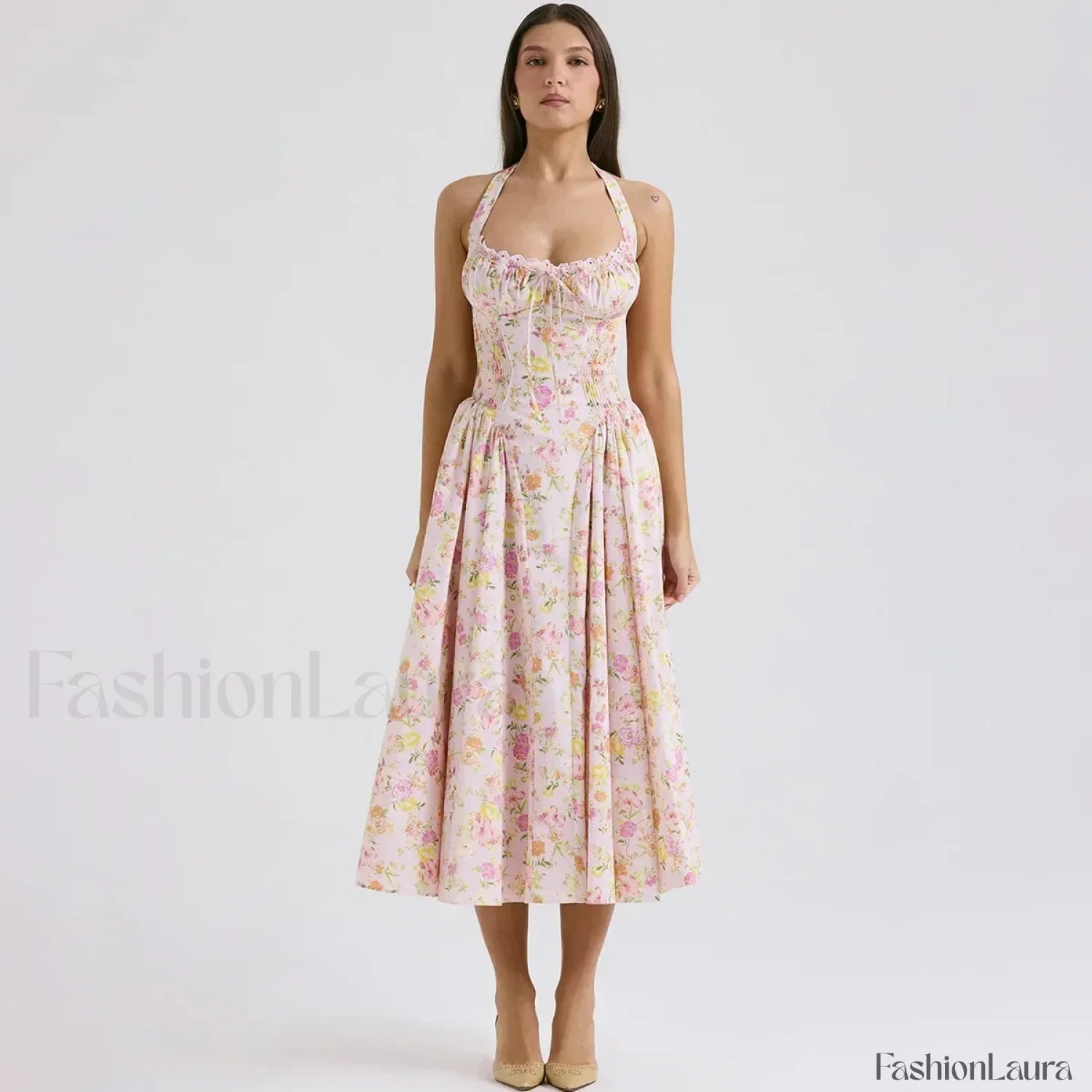 Pink Floral Halter Backless Midi Dress
