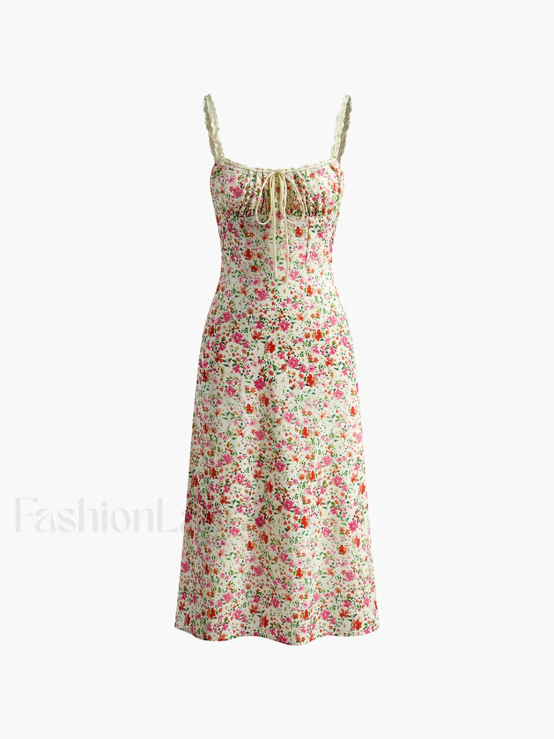 Multicolor Floral Print Trim Cami Midi Dress