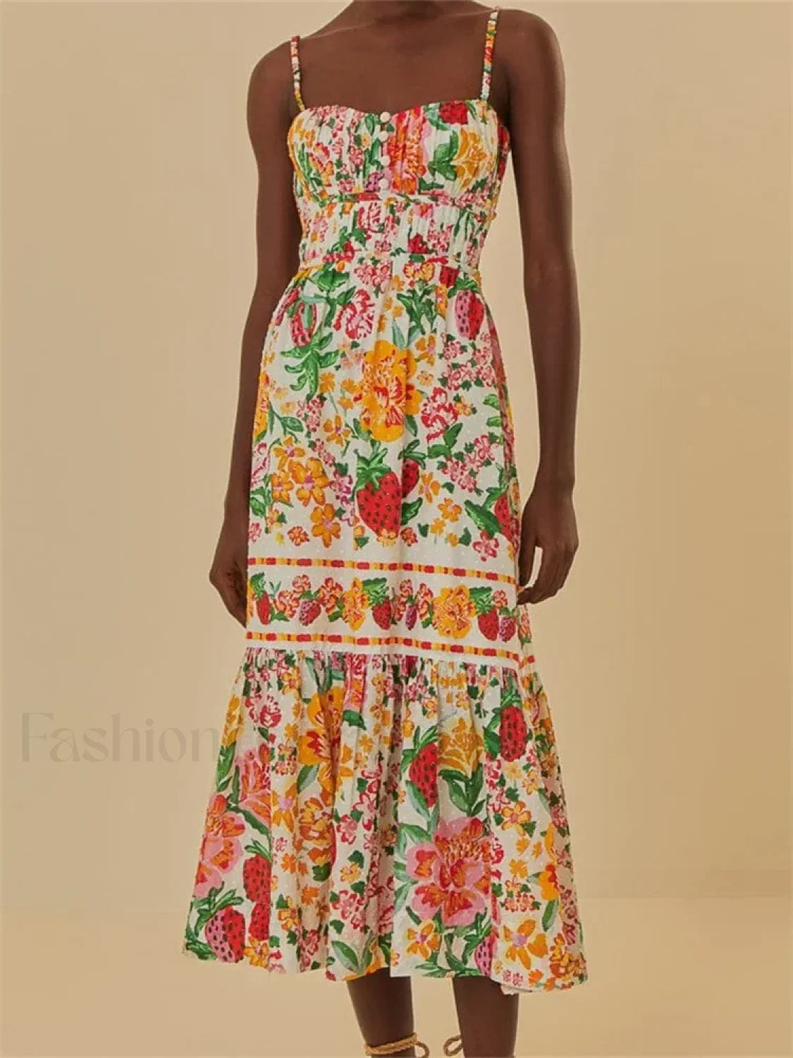 Floral Ruched Button Strap Maxi Dress