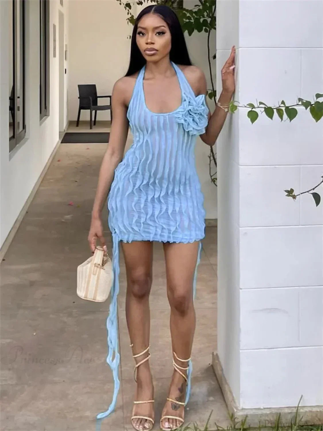 Halter Neck Lettuce Edge Tiered Ruffle Rosette Applique Sheer Mesh Mini Dress