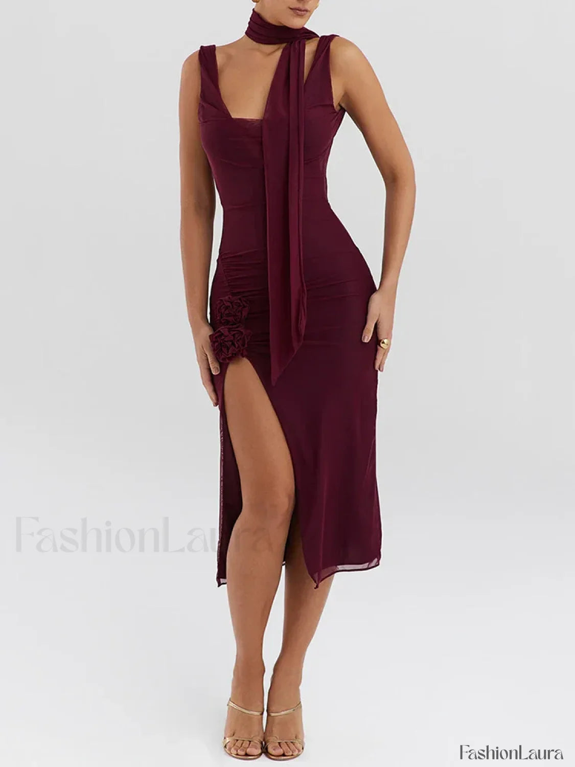 Wine Red Flower High-split Midi Dress