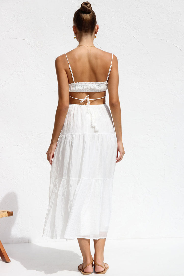 Tie Neck Ruffle Tier Side Cut Out Ruched Tiered Midi Dress