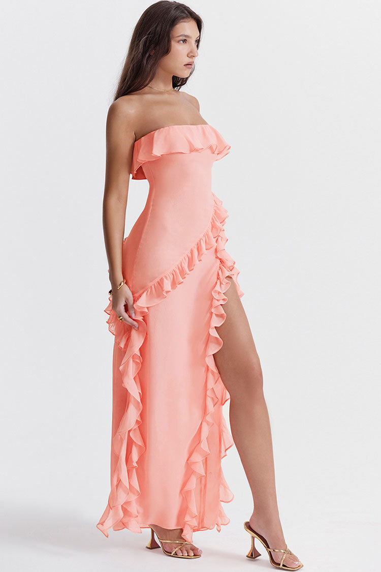 Strapless Ruffle Neck Cascading Asymmetrical Ruffle High Slit Maxi Dress