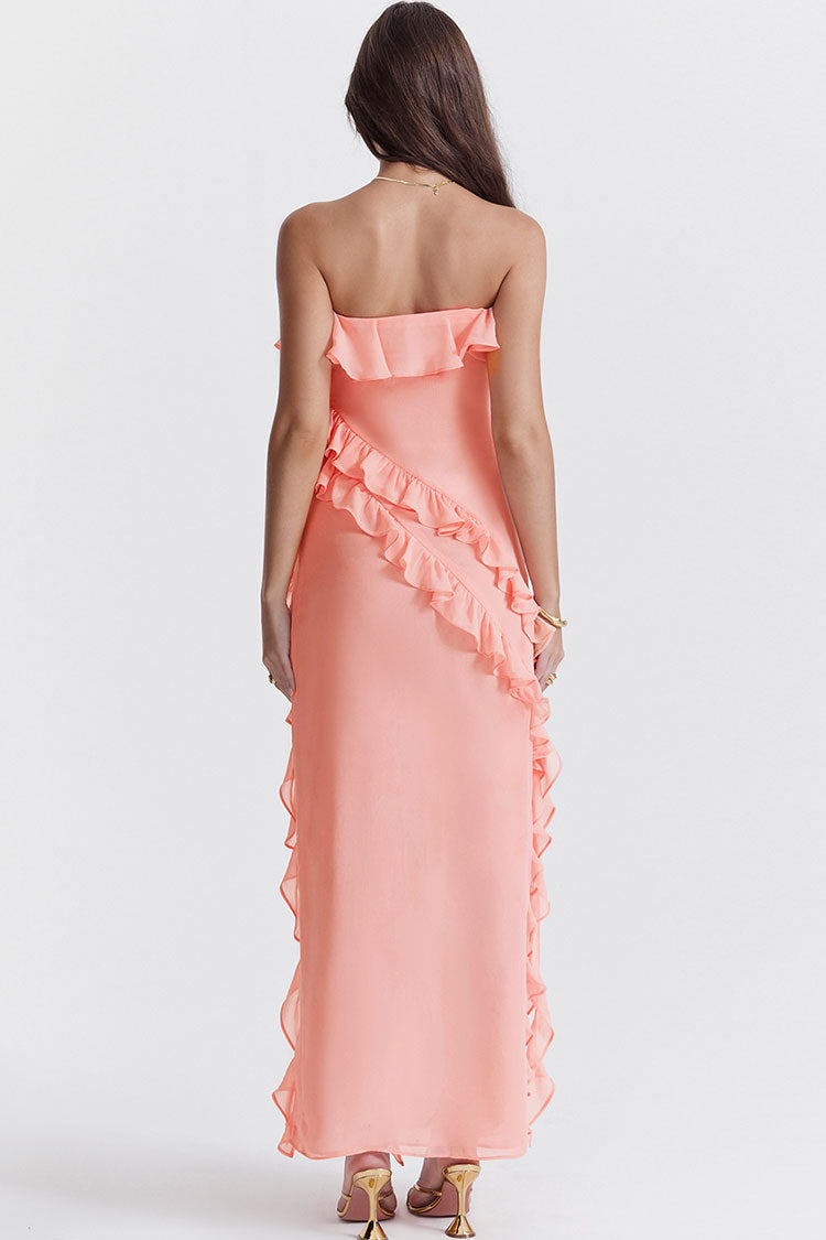 Strapless Ruffle Neck Cascading Asymmetrical Ruffle High Slit Maxi Dress