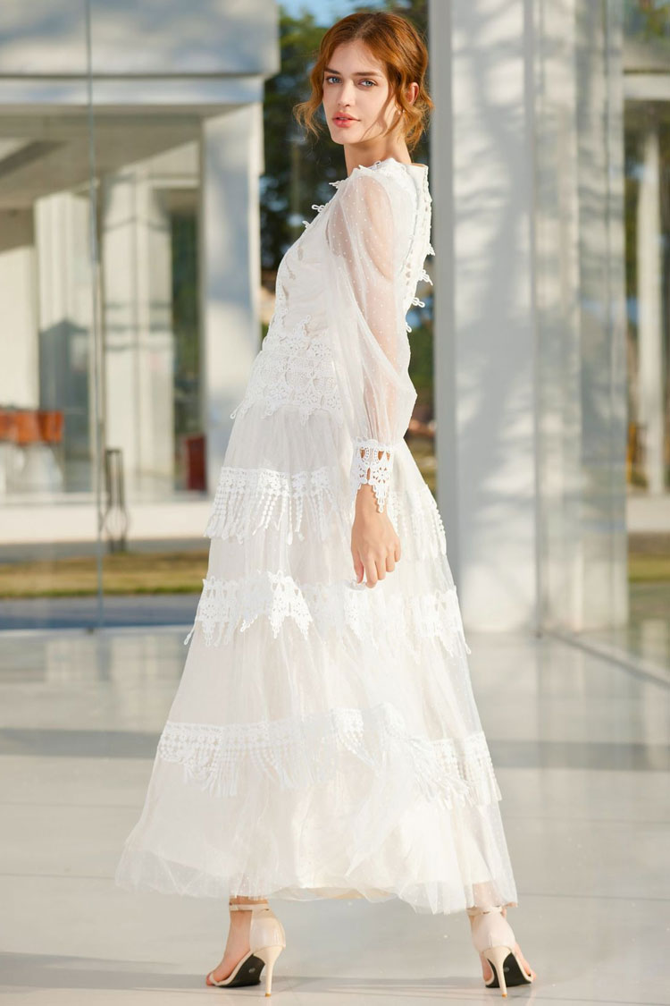 Lace Trim Swiss Dot Puff Sleeve Tiered Fringe Tulle Maxi Dress