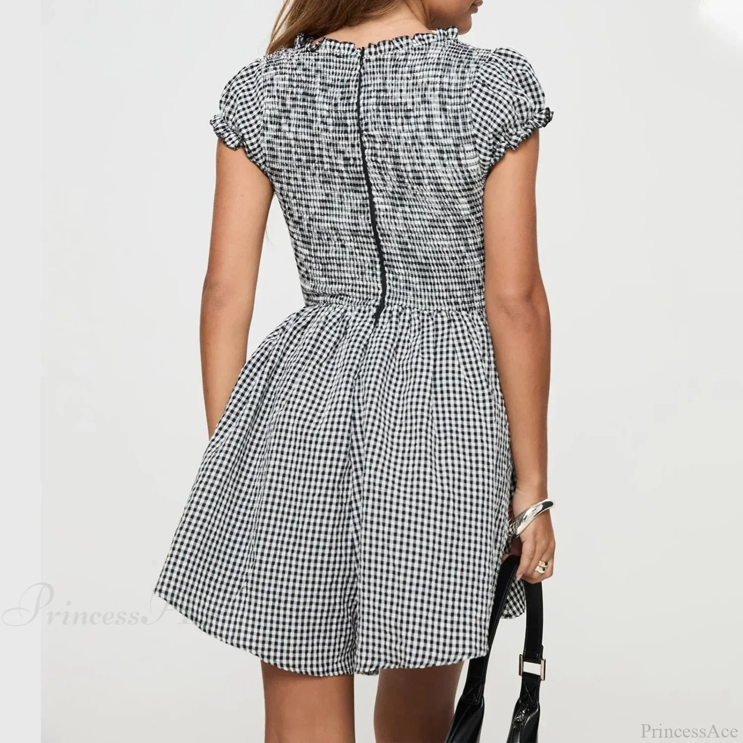 Gingham Smocked Tie Front Puff Sleeve Babydoll Mini Dress