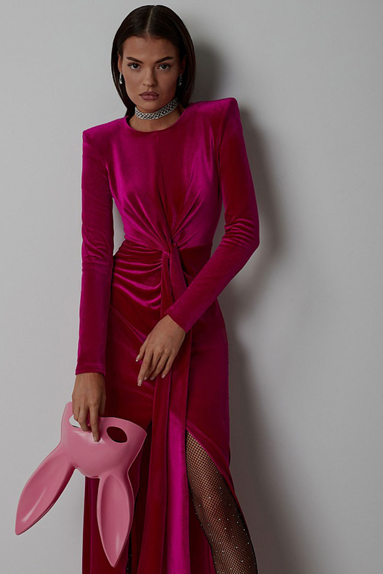 Round Neck Padded Shoulder Velvet Twist Knot Front Slit Maxi Gown