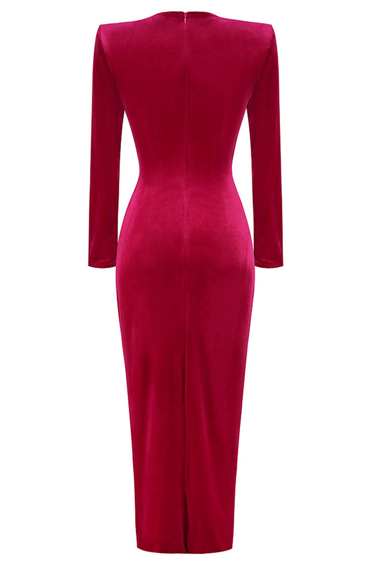 Round Neck Padded Shoulder Velvet Twist Knot Front Slit Maxi Gown