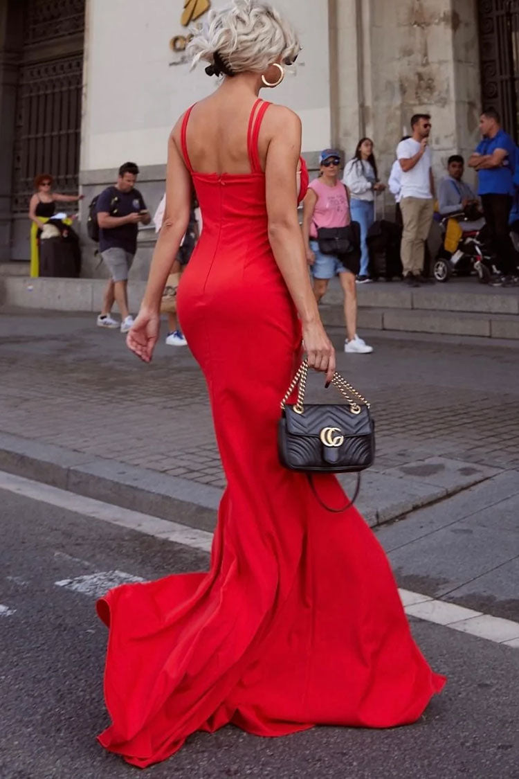 Crisscross Strap Mesh Cut Out Braided Trim High Split Formal Maxi Gown