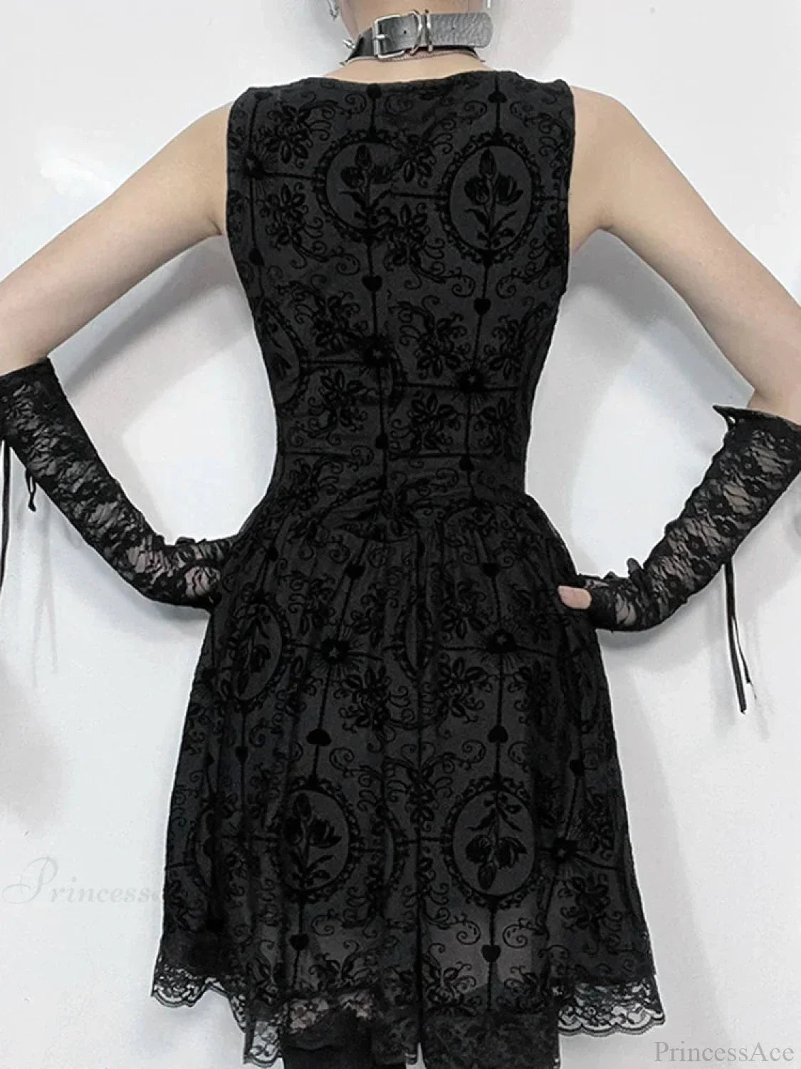 Gothic Damask Flocked Velvet Square Neck Scalloped Lace Hem Mini Dress