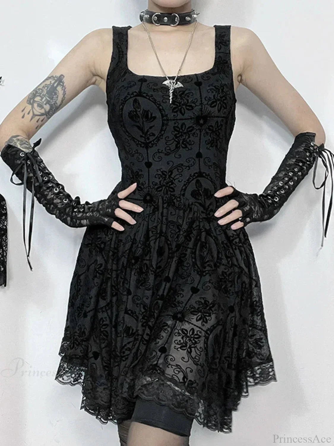 Gothic Damask Flocked Velvet Square Neck Scalloped Lace Hem Mini Dress