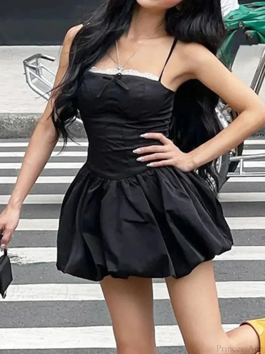 Lace Trim Bow Corset Bubble Hem Spaghetti Strap Mini Dress